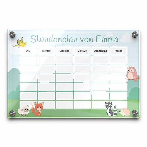 Personalisierter abwischbarer Stundenplan aus Acrylglas - niedliches Wald Tier Motiv - kreatives Geschenk zum Schulbeginn für Mädchen o. Junge - Schulkinder Wochenplaner