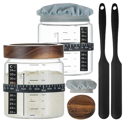 Wissy&Konny Sourdough Starter Jar 2 confezioni da 35 once con linea in scala d'oncia, fascia di alimentazione contrassegnata con data, termometro, raschietto per barattolo di sourdough, copertura in