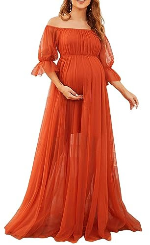 Loalirando Robe de Grossesse Cérémonie Maxi-Longue à Manches 1/2, Robe de Maternité en Tulle Epaules Dénudées Shooting Photo (Orange Rouge, M)