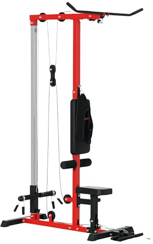 Soozier Cable Machine, LAT Machine with High and Low Pulley Stations, Cable Row Machine with Adjustable Seat and Flip-Up Footplate, for Home Gym, Black and Red