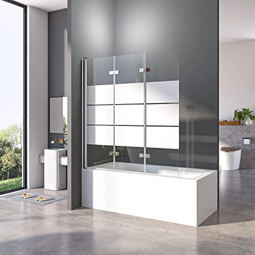 Duschwand für Badewanne 130 x 140 cm 3-teilig Faltbar Gestreift Duschtrennwand Trennwand Silber Badewannenaufsatz mit Eleganten Streifenmuster,6mm ESG Glas Nano Beschichtung Badewannenwand