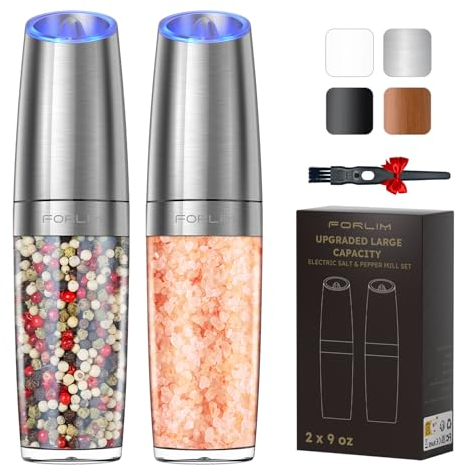 FORLIM Electric Salt and Pepper Grinder Set, 9 oz Capacity, Update Battery-Operated One-Hand Automatic Gravity, Adjustable Coarseness, with LED Light, Pack of 2, Stainless Steel (Silver)