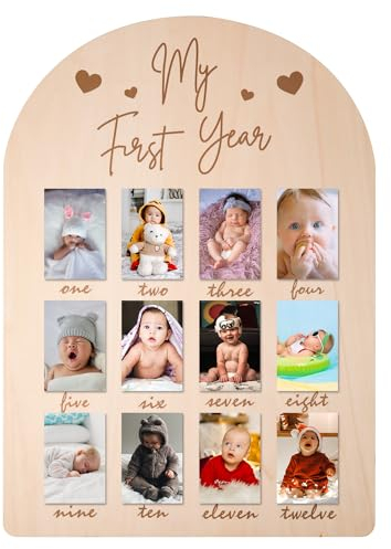 PEUTIER Fotodisplay Mein Erstes Jahr aus Holz, Bilderrahmen für 12 Monate Bilderrahmen für Neugeborene Bilderrahmen Baby für Baby Geburtstags Kinderzimmer Dekorationen