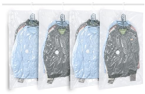 QH7 Vakuumbeutel zum Aufhängen, platzsparende Vakuumbeutel für Kleidung, Anzüge, Kleider, Mäntel oder Jacken, transparenter und wiederverwendbarer Schrank-Organizer mit 4 kurzen 105 x 70 cm