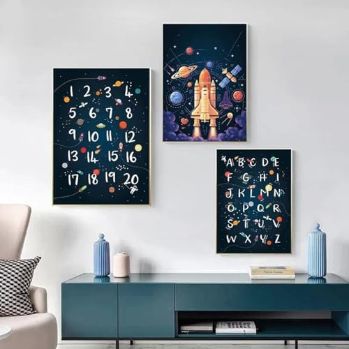 AWKFHF Kinder Weltraum Rakete Alphabet-Zitate Leinwand Bilder Poster Kunstdruck Kinderzimmer Wohnzimmer Schlafzimmer Wand Deko(Kein Rahmen) (A-06,3X40X50CM)