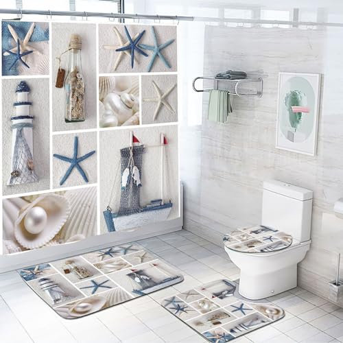 JStnana 4 Piece Summer Beach Shower Curtain Set with Bath Rug, Bath Mat and Toilet Mat Set, Blue Seashell Starfish Seaside Scene Shower Curtain with 12 Hooks for Bathroom Wet Room Decor (Style 5)