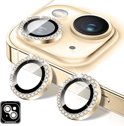 Kucheed Diamond Camera Lens Protector for iPhone 14/iPhone 14 Plus, Bling 9H Tempered Glass Camera Cover, Individual Automatic Alignment Metal Rings, Glitter Phone Lens Cover Film Stickers