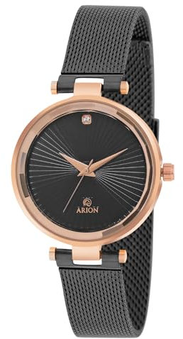 Arion Women’s Analog Quartz Watch 26mm Rose Gold-Painted Brass Wristwatch with Black Strap, Premium Fashion Dress Timepiece with Gift Box. for Women Ladies Girls.