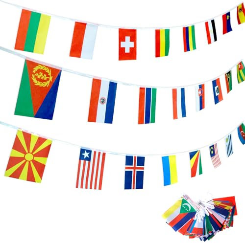 Yumcute 100 Länderflagge, Einschulung Deko, Europäische Flagge Wimpelkette für Em Deko 2024, 30M Europäische Flagge Bunting Fahnen Flaggen Perfekte Dekorationen für Eurovision Party Deko Bar