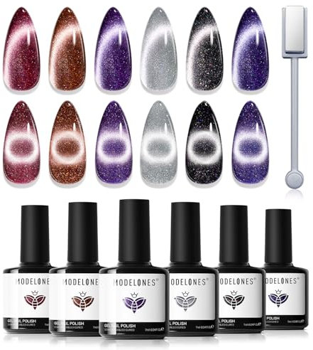 Modelones Cat Eye Gel Nail Polish Set, 6 Colors Holographic Black Red Purple Silver Brown Gel Polish Glitter 9D Magnetic Blue Winter Polish with Magnet Nail Art DIY Salon For Women