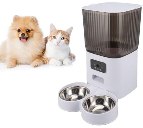 5 L Automatic Cat Feeder, Multifunctional Timed Feeding Dog Food Dispenser with 304 Stainless Steel Food Bowls, Electric Dry Food Pet Feeders for Indoor (Double Bowl with Camera)