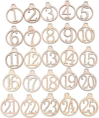 25Pcs Number Wooden Calendar,Wooden Christmas Calendar Tags,Wooden Number Calendar Tags,1-25 Advent Calendar Tags