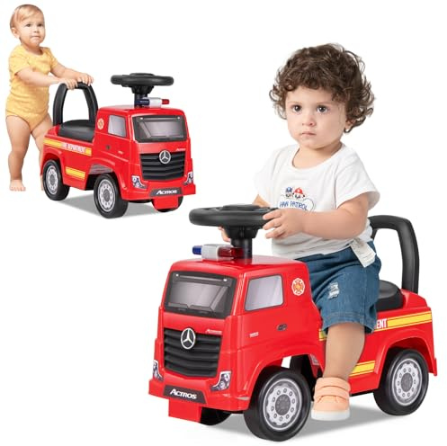 DREAMADE Voiture Enfant Porteur pour 2+ Ans, Camion de Pompiers avec Phares, Klaxon, Musique, Volant, Rangement sous Le Siège, Camion à Pousser Charge Max. 23 KG, Rouge