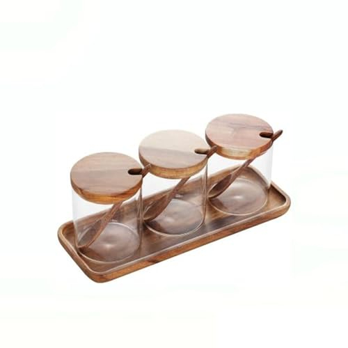 MIATTCLD Gewürzgläser 3er Set 8.5oz/250ml Glas Gewürzbehälter mit Bambus-Deckel, Löffel und Tablett, Gewürzdosen Küchenbehälter können Aufbewahrung Salz, Gewürze und Zucker für Küche und Esstisch