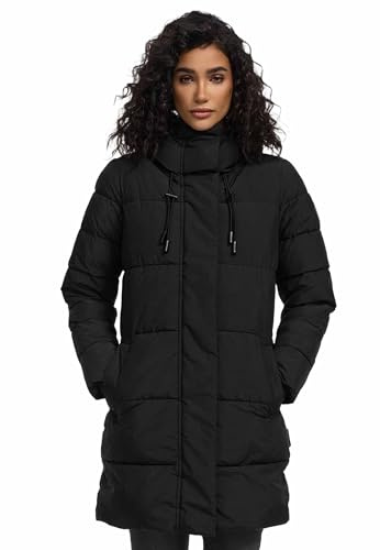 MARIKOO Damen Winterjacke (XS-6XL) - Wasserabweisend, teils mit Fleece, hochstehender Kragen, Steppjacke mit Kapuze, Warme Jacke Frauen - N008 (S, Schwarz)