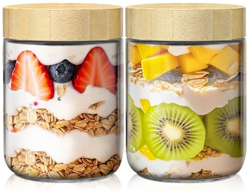 HomArtist Lot de 2 boîtes à avoine de nuit de 473,6 g avec couvercles, bocaux en verre avec couvercles en bambou, bocaux en verre avec couvercles hermétiques pour yaourt, salade, chia, bocaux Mason à