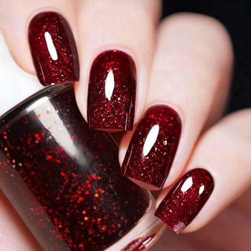 ChengJin Red Nail Polish, Burgundy Dark Red, Quick Dry, Sparkly Shimmer, Long Lasting, Nail Art