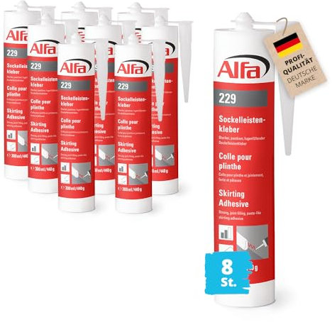 8x Alfa Sockelleistenkleber 300ml/440g weißer Montagekleber mit hoher Anfangshaftung zur Befestigung von Sockelleisten