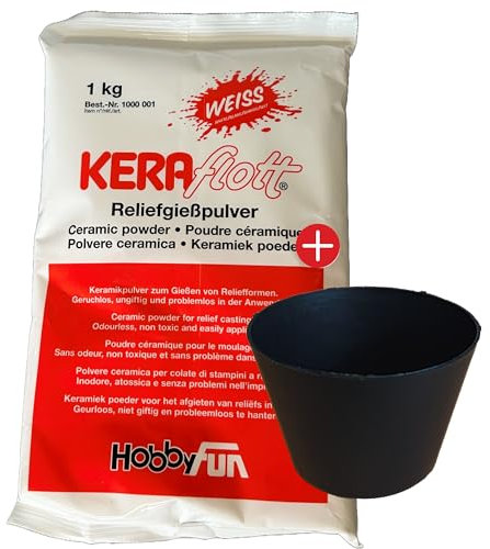 KERAflott Reliefgießpulver weiß 1 kg mit Gipsbecher in schwarz aus elastischem Gummi