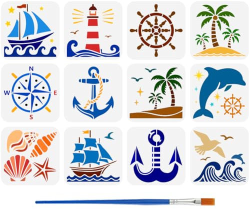FINGERINSPIRE 12 Stück Malschablone Mit Ozeanmotiv Und Pinsel 15x15cm Boot Leuchtturm Kompass Anker Zeichenvorlage Delfin Muschel Meeresschnecke Seestern Schablone Zum Malen Auf Holz Wänden Möbeln