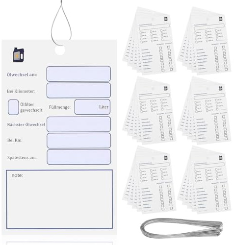 Ölwechsel Etiketten aus Papier für Fahrzeugwartung | Doppelseitiges Design, mit Loch und Schnur, für Kfz Betriebe, 100 Stück Pack, zur Übersicht
