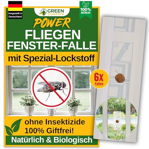 GREEN GUARDIA Fliegen Fenster-Falle mit Spezial-Lockstoff - 6X Fallen - umweltfreundlich Fliegen bekämpfen, Chemiefreie Falle mit starker Klebefläche, giftfrei & geruchsneutral