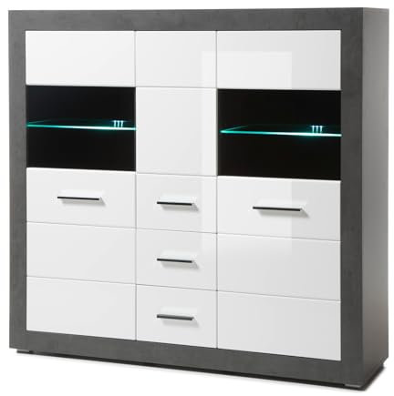 Furn.Design Highboard in weiß Hochglanz und grau Stone, Wohn- und Esszimmer Vitrine 149 x 142 cm, Briard