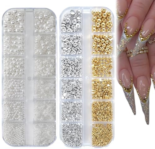 Nailart Perlen Micro Kaviar für Nägel, 2 Schachteln Nail Charms, Goldene Silber Mini Kaviar Strasssteine, Weiß Beige Mini Nägel Perlen Mikroperlen Dekor für Nägel