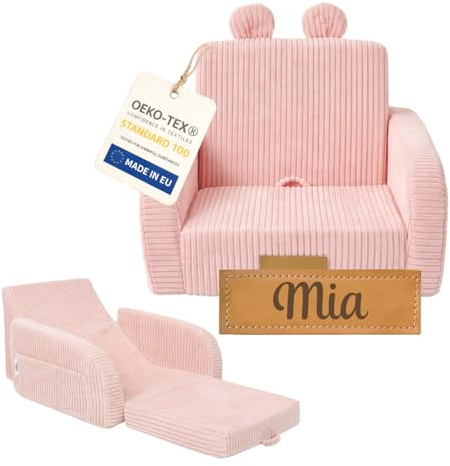 Flumi Kindersessel klappbar personalisiert mit Namen, Kindersofa ausklappbar mit Liegefunktion, Kinder Couch für Kinderzimmer (Cord rosa)