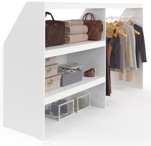 IDMarket - Ankleide-Set unter Dachschräge mit Regal auf 2 Ebenen und ausziehbarer Garderobe TOMI 195 x 50 x 70/110 cm weiß