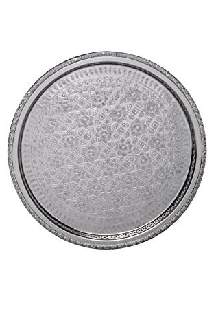 Vassoio rotondo orientale in ottone argentato Nadia | vassoio da tè marocchino in colore argento | vassoio in argento orientale | decorazione orientale sul tavolo (Ø 42 cm)