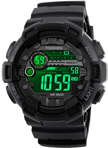 Sport Montre Homme Digital 50M Etanche LED Militaire Montres Bracelet Hommes Double Temps Date Calendrier Alarme Chronomètre 12H/24H Rétro Eclairage Plastique Homme Garçon Montre (Noir)