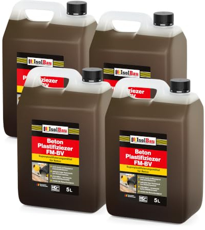 Isolbau Beton Plastifizierer FM-BV - 4 x 5 Liter, stark verflüssigend & plastifizierend – Betonverflüssiger Fliessmittel als Zusatzmittel für Estrich, Beton, Mörtel - Chlorfrei, keine Stahlkorrosion