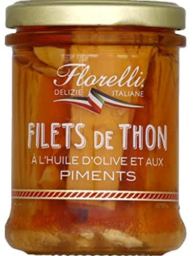 Filetes de atún Florelli con aceite de oliva y chile – Tarro neto de 140 g escurrido