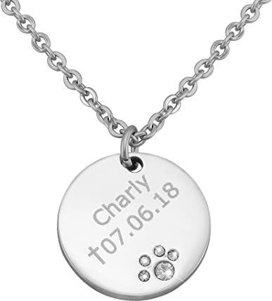 Hanessa Personalisierte Kette mit Gravur Edelstahl 50 cm mit Anhänger Pfote mit Strass-Stein in silber - Personalisierte Geschenke für Tierbesitzer Damen Herren - Halskette Kettenanhänger Hund