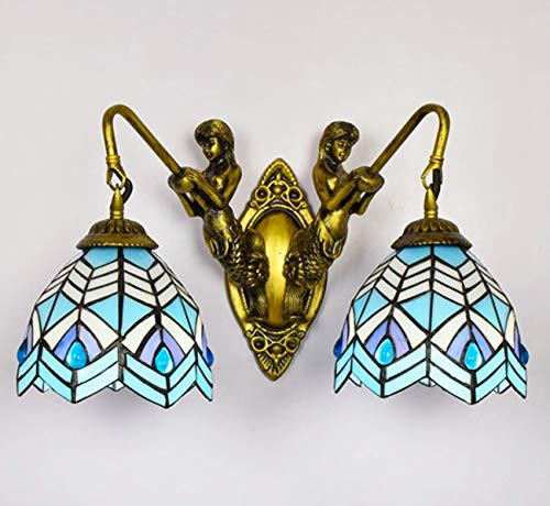 Yjmgrowing Tiffany Style Bunt Glaswandlampe Mit Beauty-Basis Blauen Mediterranen Stil Doppelkopf Dekoration Nachttischlampe, 110V-240V, E27 (Glühbirnen Nicht Enthalten)