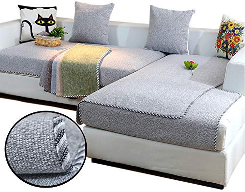 Love House Sofabezug 1 2 3 sitzer, Leinen Schnitt Schonbezug Sofa Schmutzresistent Sofaüberwurf Sofa Throw Einfarbig Sofa Abdeckung -grau 110x210cm(43x83inch)