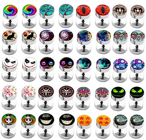 Suotarn 28pcs Cheater Fake Ear Plugs Satinless Steel Gauges Illusion Tunnel Piercing Stud Screw Earrings 14Style