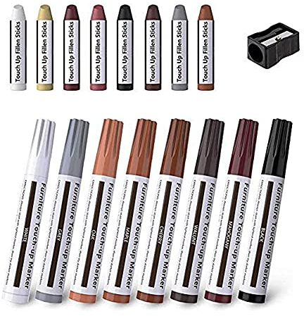 Möbelreparaturset Holzmarker -17er-Set - Marker und Wachsstifte mit Spitzer-Set für Flecken,Kratzer,Holzfußböden,Tische,Schreibtische, Tischler,Bettpfosten,Ausbesserungen und Vertuschungen