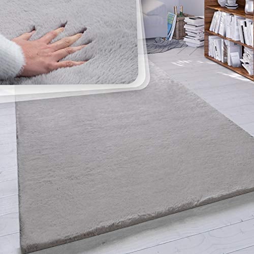 Paco Home Hochflor Teppich Wohnzimmer Schlafzimmer Shaggy Modern Flauschiger Fellteppich Weich Fell Imitat Kunstfell Einfarbig, Grösse:200 cm Quadrat, Farbe:Grau