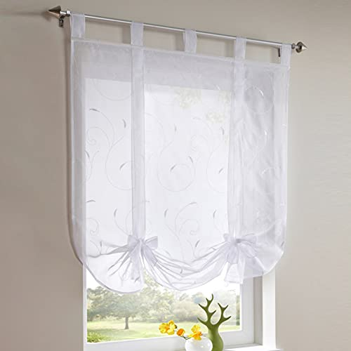 Estor bordado, cortina corta para ventana de cocina, transparente, para cocina, salón, dormitorio (blanco, 100 x 140 cm)