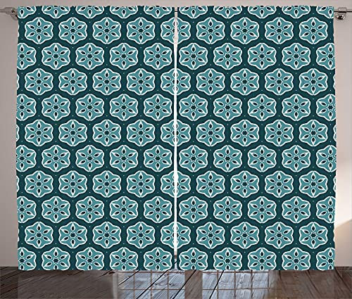 ABAKUHAUS Tenda con fiori rustici, stile orientale floreale, per soggiorno, con fettuccia universale, con passanti e ganci, 280 x 260 cm, in teal scuro e turchese