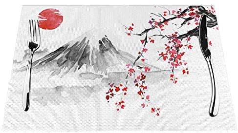 NIBABAEU Gewebte Tischsets, 1–6 Sets, japanische Fuji Hill Blume, waschbar, PVC, Tischsets für Esstisch, geeignet für Küche, Wärmeisolierung, rutschfest, ökologisch, 30 x 45 cm (4 stück)