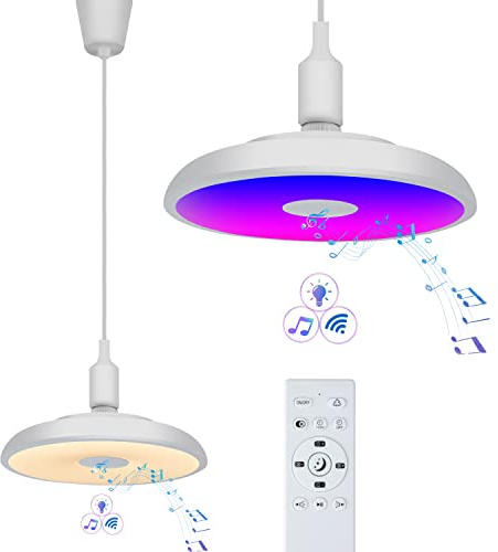 chysongoods 18W Φ28cm Pendellampe Mit Bluetooth Lautsprecher Pendelleuchte LED Musik Wasserdicht Fernbedienung RGB Farbwechsel Höhenverstellbare Dimmbar Esstischlampe Für Esszimmer Badezimmer Küche