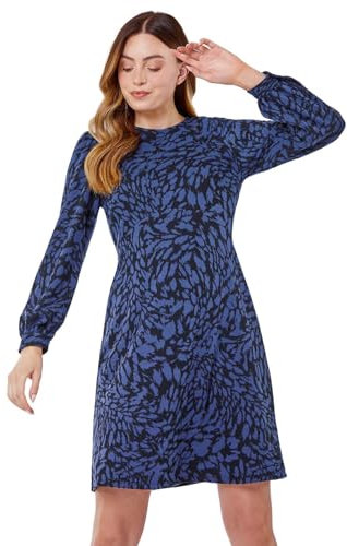 Roman Originals Women Animal Print Jacquard Dress - Ladies Autumn Everyday Winter Holiday Pull-On Round Neck Long Sleeves Comfy Soft Vacation Work - Midnight Blue - Size 20