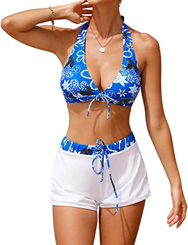 RITOSTA Costumi da Bagno Donna Costume Mare Donna Due Pezzi Bikini Push Up Imbottito Halter Tankini con Pantaloncini da Bagno Piscina Beachwear Swimwear Spiaggia Swimsuit (Blu+Stampa,L)