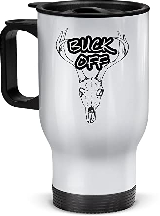 Tassendruck Edelstahl-Thermobecher mit Spruch - Buck Off - Coffee to Go Becher mit Geweih, Reisebecher, Jäger Geschenke, Jagd Zubehör, Waidmannsheil | Weiß, 390 ml