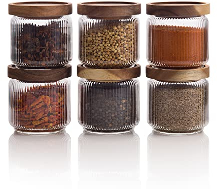 Mason & Fable Lot de 6 bocaux en verre nervuré avec couvercle en bois 350 ml | Conteneur de rangement hermétique nervuré pour épices, thé, sucre, café, bonbons, friandises pour chien, collations