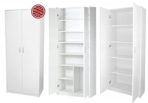 Kleiderschrank Mehrzweckschrank mit Soft Close Türdämpfer Regal weiß 74cm breit 180cm hoch mit sechs Einlegeböden und Extra-Fach, Aktenschrank Haushaltsschrank Schrank Organizer aus Holz