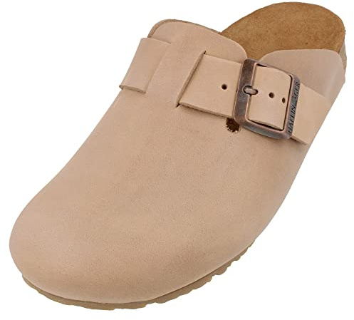 HAFLINGER Porto Eleganter Clog aus Leder mit Gummisohle und Kork Latex Fußbett Hausschuh Unisex Taupe (738), Gr. 45